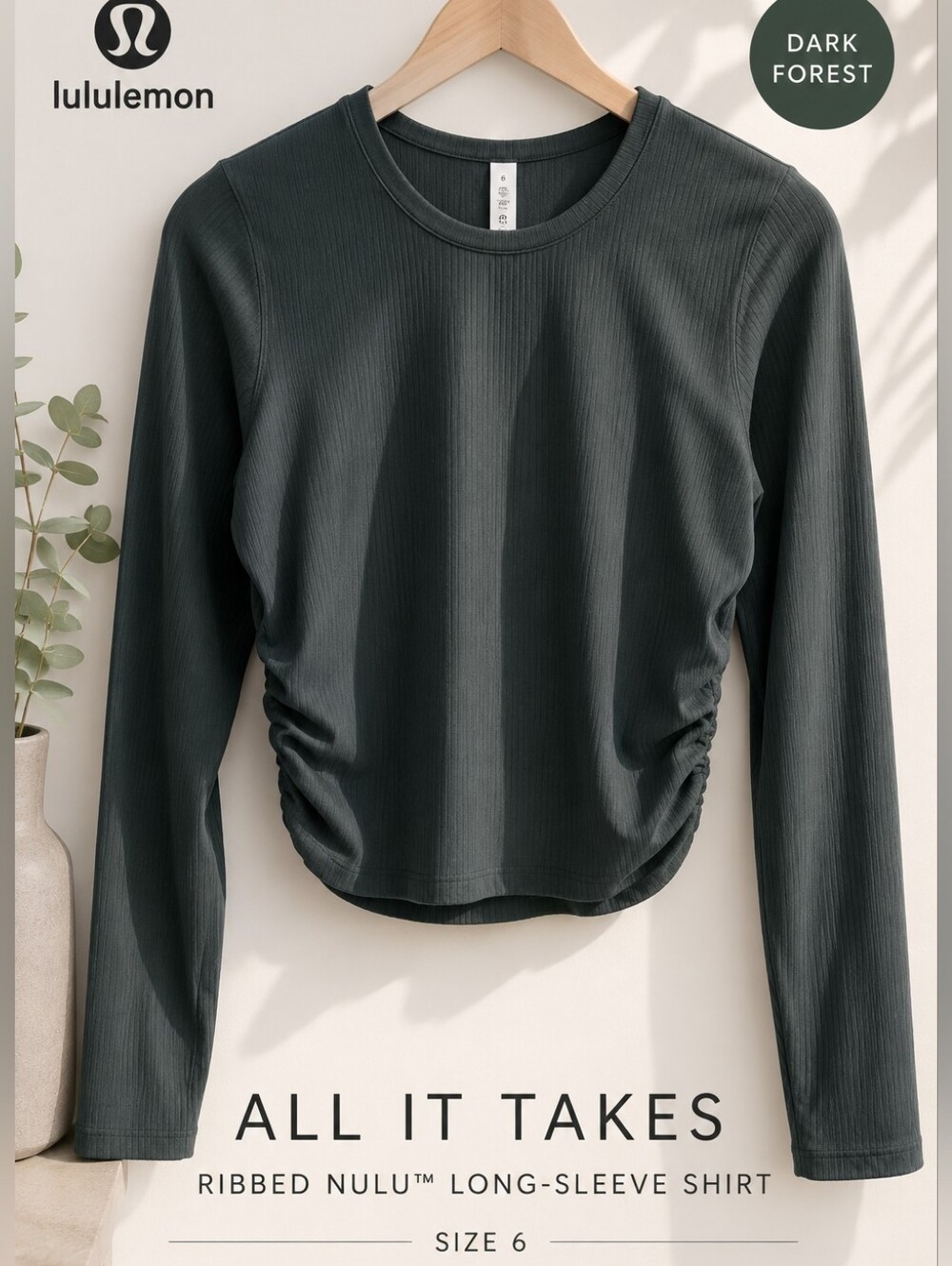 lululemon All It Takes Ribbed Nulu Long Sleeve – Dark Forest – Size 6